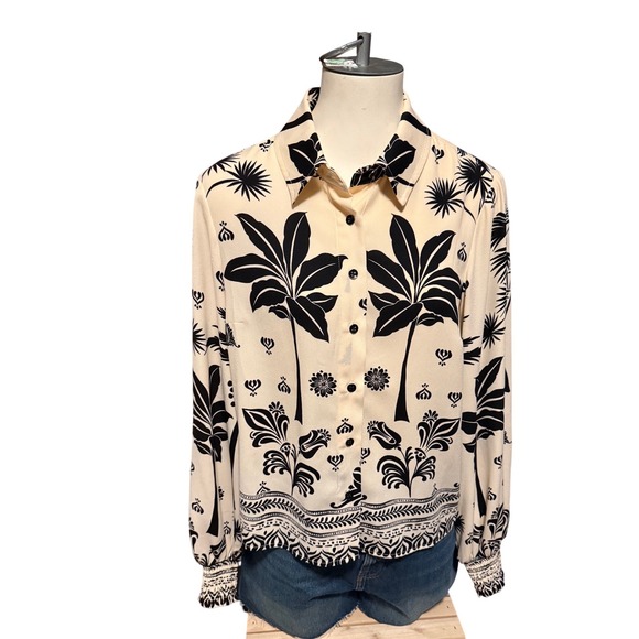 CAbi Tops - Cabi Marrakech Black Cream Palm Tree Floral Print Button Up Blouse Small